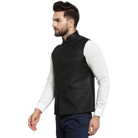 Sleeveless Traditional Jute Fabric Black Nehru Jacket by Treemoda - Picture 2 of 5